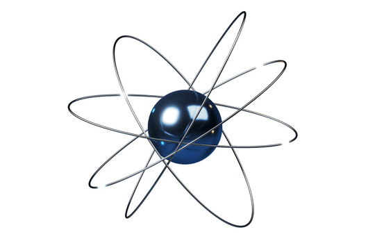 Glossy blue atom icon with orbiting electron lines, clean graphic style on a white background, symbolizing science. 3D Rendering