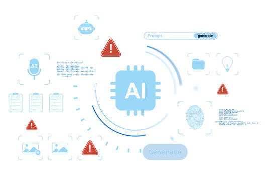 AI technology infographic with code and warning symbols on white background, security innovation concept. 3D Rendering