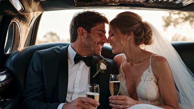 Newlywed couple celebrating with champagne in a luxury limousine on wedding day