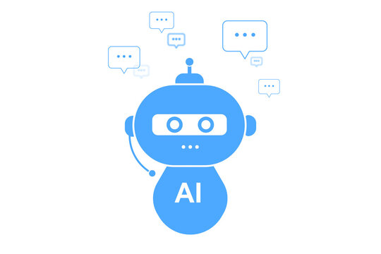 Blue chatbot robot with speech bubbles, modern style on white background, symbolizing AI communication. 3D Rendering