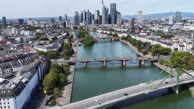 Frankfurt Skyline In Hesse Germany. Highrise Buildings. Downtown City. Meno River. Frankfurt Skyline In Frankfurt Am Main In Hesse Germany. Beautiful Skyline. European Landscape.