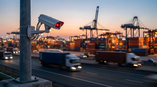 Security Camera Monitors Busy Industrial Port With Shipping Containers and Trucks