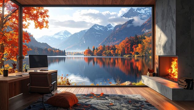 A virtual background for online meetings featuring a beautiful autumn lake view and a cozy indoor fireplace&mdash;perfect for a home office setting with a computer desk and scenic scenery.