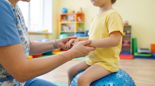 Pediatric physical therapist examining young child sitting on a blue exercise ball in a clinic with physical therapy session young patient little girl therapist pediatric healthcare