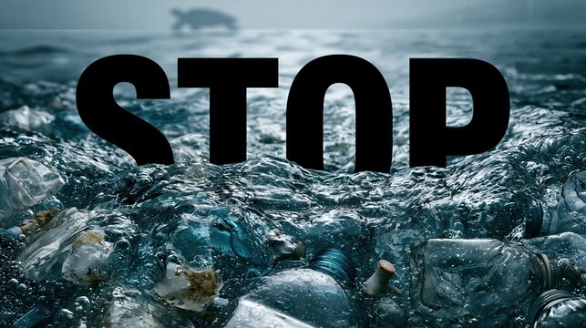 Large black STOP message over churning ocean plastic waste, ideal for anti-pollution advocacy, sustainability campaigns and public education.