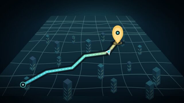 Digital low poly 3D city map with glowing neon GPS navigation route