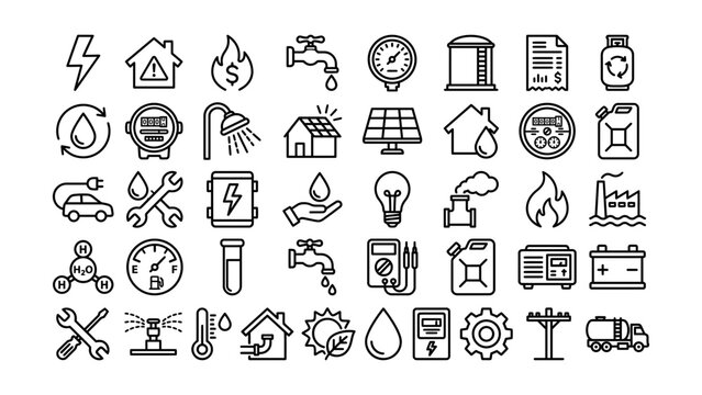 Collection of icons representing various utility services and industrial concepts