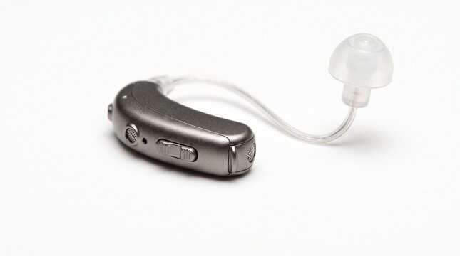 Modern digital hearing aid device for hearing loss on white.