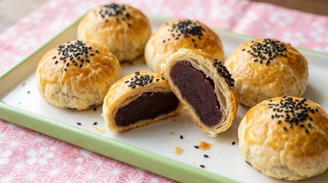Traditional chinese red bean pastry on a plate