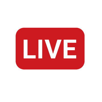 Prominent red and white graphic element signifying a live broadcast or ongoing real-time event for digital platforms and online streaming services