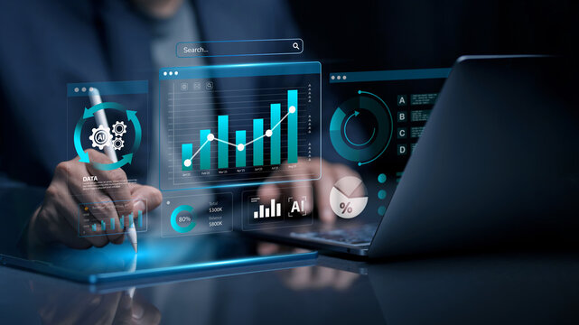 Business intelligence and data analytics concept. Business Analytics and Data Management System on computer to make report with KPI. graph, chart, AI technology. Business process automation. workflow.