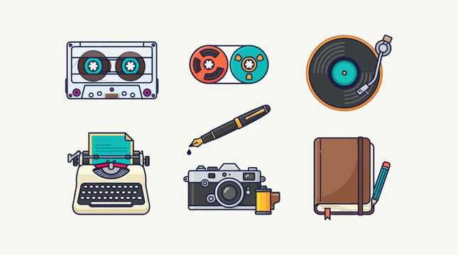 Set of vintage analog hobby icons featuring retro camera typewriter vinyl record cassette tape and fountain pen on white background