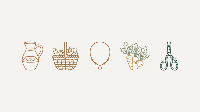 Minimalist line art collection of artisanal workshop icons featuring ceramic pitcher wicker basket jewelry necklace organic vegetables and vintage scissors on cream background