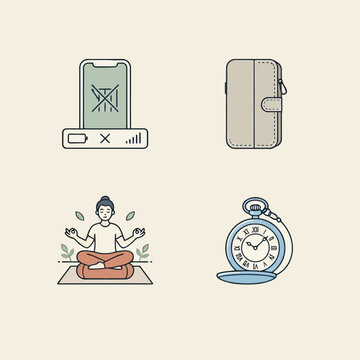 Minimalist Vector Illustration Set for Digital Detox Concept Featuring Meditation Yoga Pose Smartphone Off and Pocket Watch