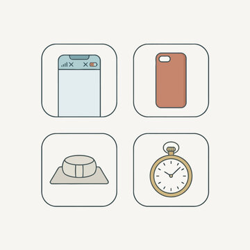 Minimalist digital detox vector illustration featuring smartphone icons meditation cushion and pocket watch for mental health and mindfulness concept