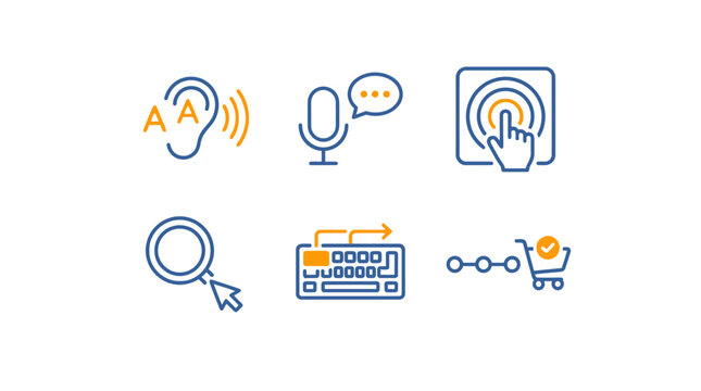 Comprehensive set of inclusive digital commerce icons representing web accessibility features for online shopping and user interface design