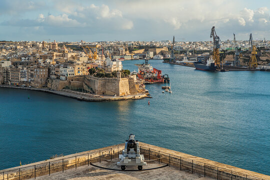 View of Birgu, Isla and Bromla from the Saluting Battery in Valletta, Malta