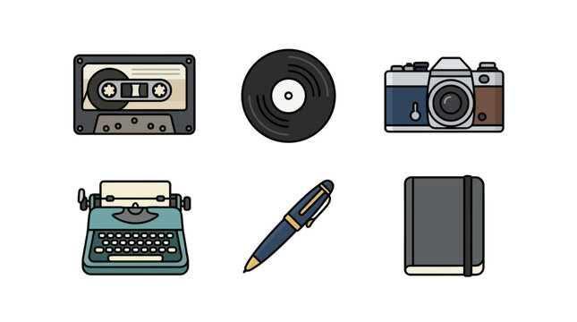 Collection of vintage retro hobby icons including cassette tape vinyl record camera typewriter pen and notebook on white background