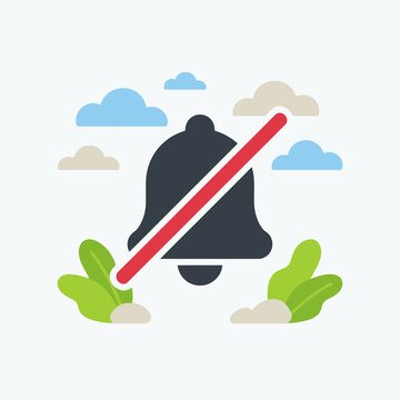Flat vector illustration of a muted notification bell icon with red slash line decorative clouds and green leaves