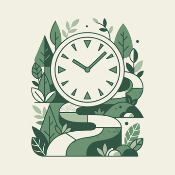 Minimalist Green Vector Illustration of a Clock Surrounded by Nature Leaves and Winding Path Representing Slow Living Concept
