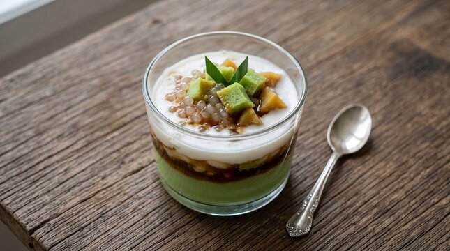 Indonesian kue jongkong, layered pandan pudding in glass cup topped with translucent sago pearls, diced pandan cake, jackfruit, and palm sugar syrup, served on rustic wooden table.
