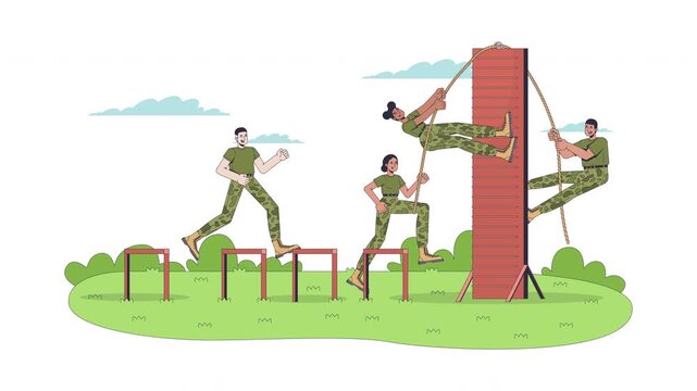 Military training camp obstacle course cartoon animation. Army recruits hurdle jumping. Infantry soldiers wall climbing animated flat 2D characters 4K video on transparent white background