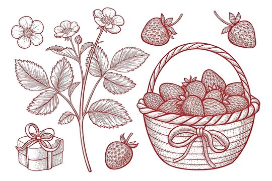 Pink strawberries in a woven basket with gift box and flowers