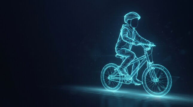 Futuristic glowing holographic cyclist riding a bicycle made of digital light particles in dark cyberspace with holographic rider futuristic illustration sci fi art