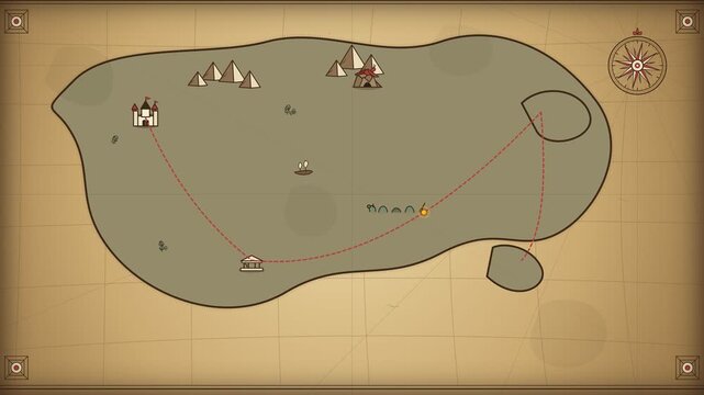 Vintage hand drawn fantasy map animation on aged parchment paper