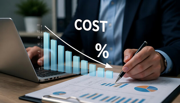 The image shows a financial analysis setting where a professional is reviewing a report alongside a laptop, with a superimposed digital graphic illustrating a downward cost reduction trend