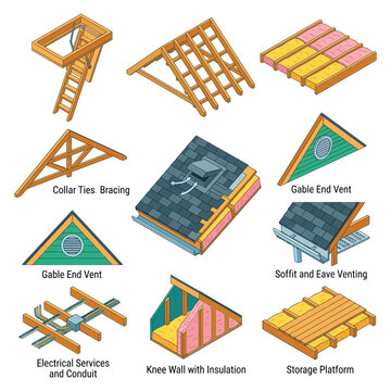 Isometric Attic Construction and Roofing Components Diagram Set
