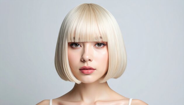 A young woman with a smooth, straight blonde bob haircut and bangs, wearing natural makeup, poses against a plain gray background.