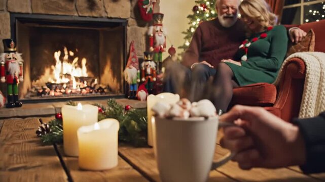 Cozy Couple Celebrating Christmas by Warm Fireplace with Decorated Tree and Nutcrackers