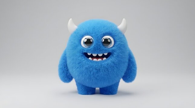 Cute blue fluffy monster with horns on a gray background