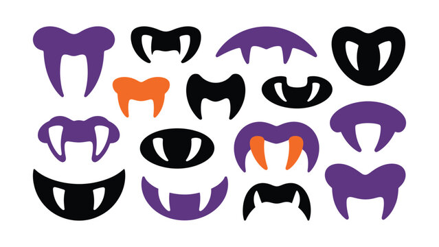 Set of cartoon monster vampire fangs and mouths with sharp teeth for halloween celebration design