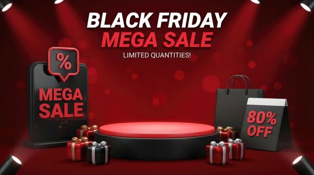 Black friday mega sale with a red product display podium, 80 percent off sign, gift boxes, and shopping bags under spotlights black friday