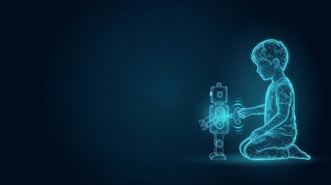 Futuristic glowing digital wireframe of a child interacting with a small robot toy on a dark background holographic wireframe cybernetic kid glowing illustration