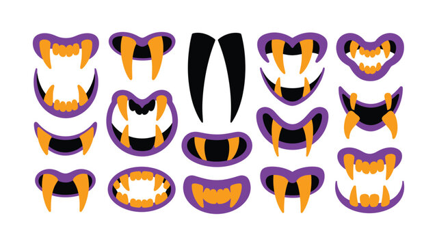 Set of cartoon monster mouths with sharp fangs and teeth for halloween design elements