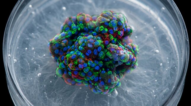 Microscopic 3D tumor organoid cluster cultured in clear matrix gel for oncology research.