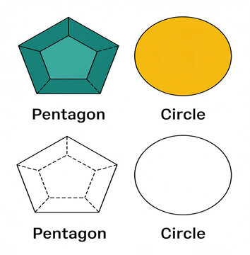 Geometric shapes including a solid pentagon and circle with their dashed line outlines presented side by side