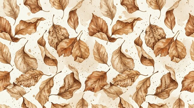 Seamless Watercolor Pattern Featuring Scattered Dried Autumn Beech Tree Leaves In Warm Earthy Brown And Beige Shades watercolor seamless pattern autumn leaves dried beech brown beige warm tones