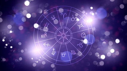 Astrology zodiac signs wheel with symbols and stars on a purple background © fotofabrika