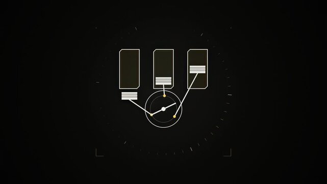 Abstract animated pistons cycling through a mechanism drawn as yellow and gold lines and shapes on a deep dark background. Seamless looping 4K motion graphics video with free space for text, ideal for