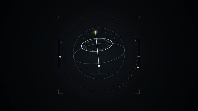 Abstract animated gyroscope precessing as it drifts drawn as cool blue-white lines and shapes on a deep dark background. Seamless looping 4K motion graphics video with free space for text, ideal for t