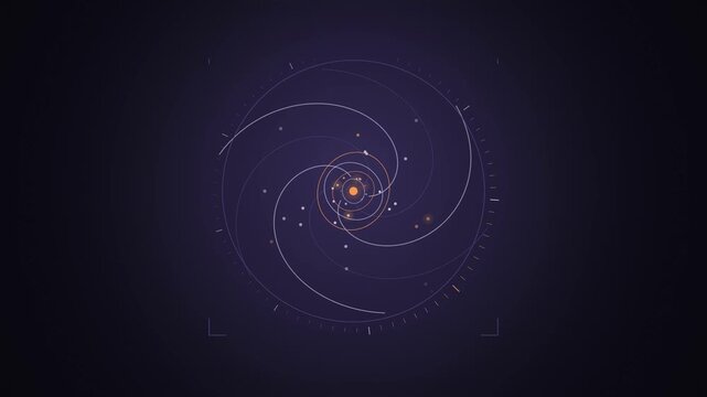 Abstract animated vortex spiralling into an intake drawn as violet and blue lines and shapes on a deep dark background. Seamless looping 4K motion graphics video with free space for text, ideal for ti