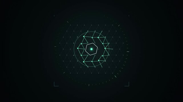 Abstract animated crystal lattice resonating drawn as cool blue-white lines and shapes on a deep dark background. Seamless looping 4K motion graphics video with free space for text, ideal for title se