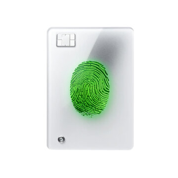 High security white plastic credit card reader with green glowing fingerprint authentication sensor for modern digital financial transactions