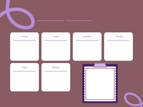 Weekly planner layout with daily boxes and purple background