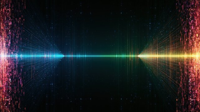 Symmetrical digital illustration with central horizontal colorful light channel on dark background, cyan‑green‑yellow thin line flaring into fan‑shaped glowing threads at both ends, faint vertical lin