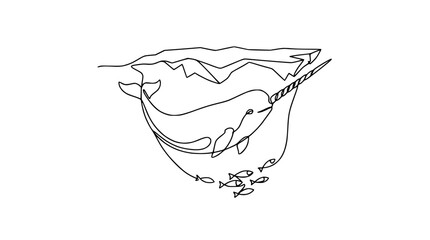 Narwhal Unicorn Whale with Tusk Swimming with Small Fish Under Iceberg © Lancar